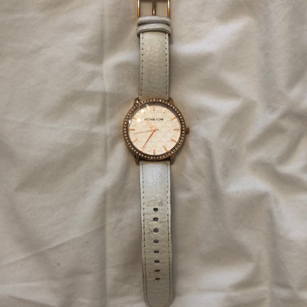 Micheal Kors watch with white leather strap
